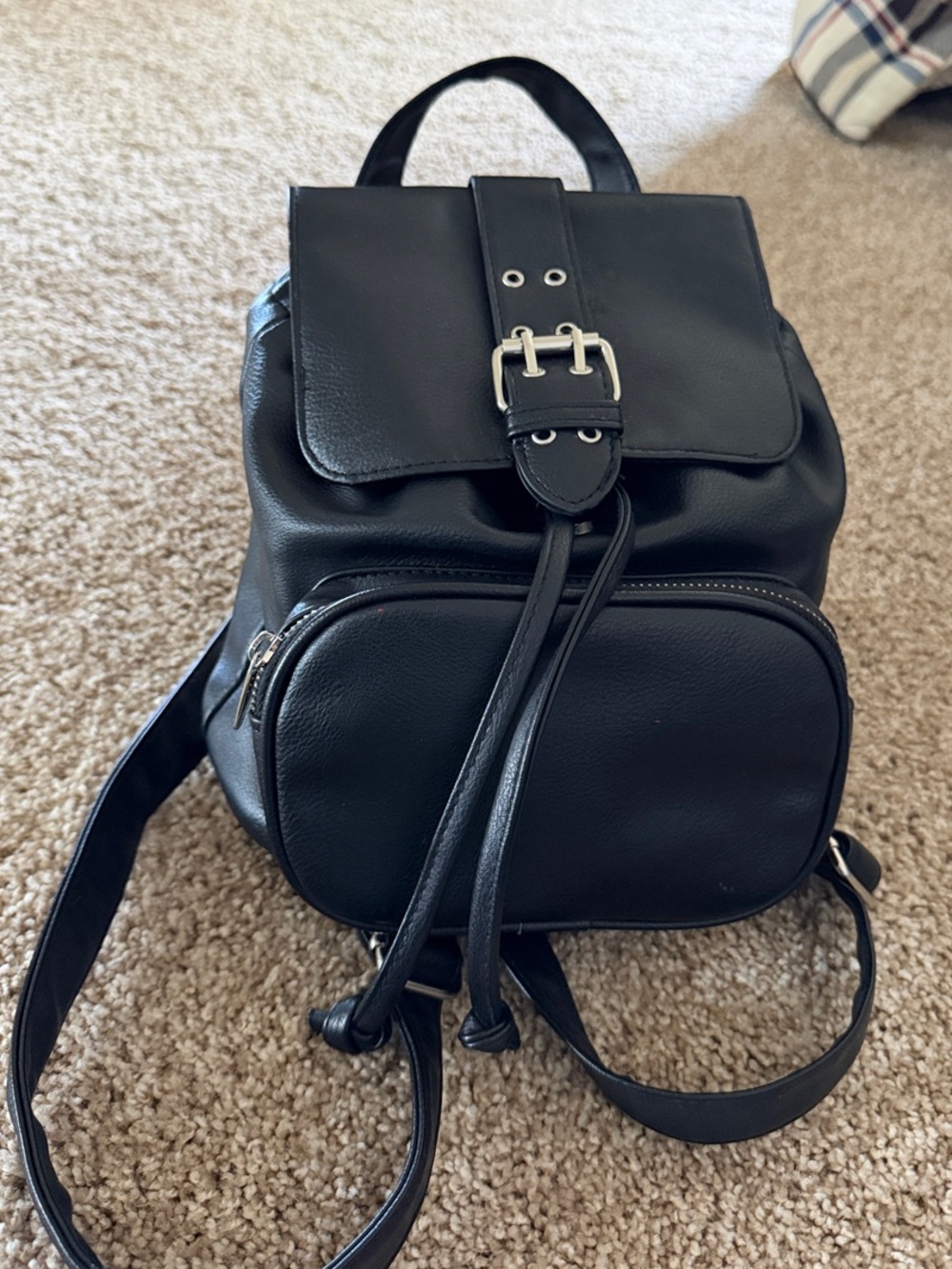 Classic Black Faux-Leather Mini Backpack